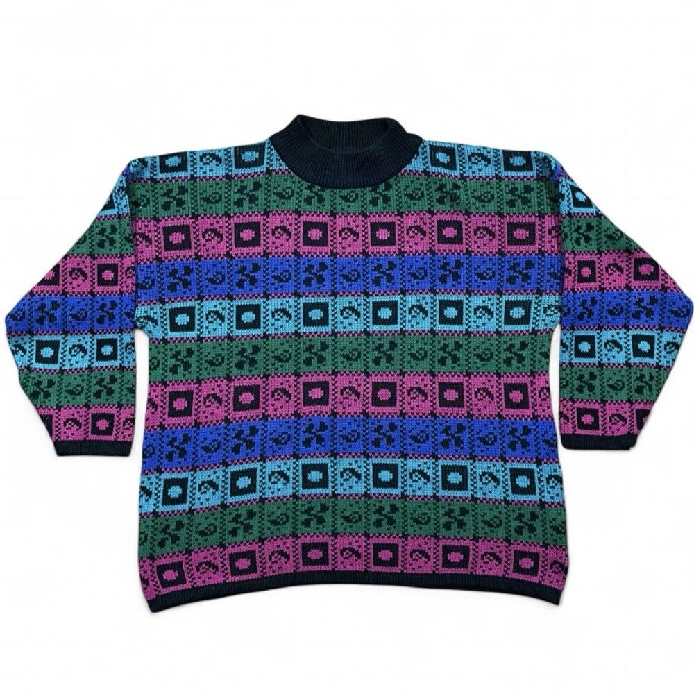 Vintage Erika Knit Geometric Pattern Sweater Colorful 90s Size M